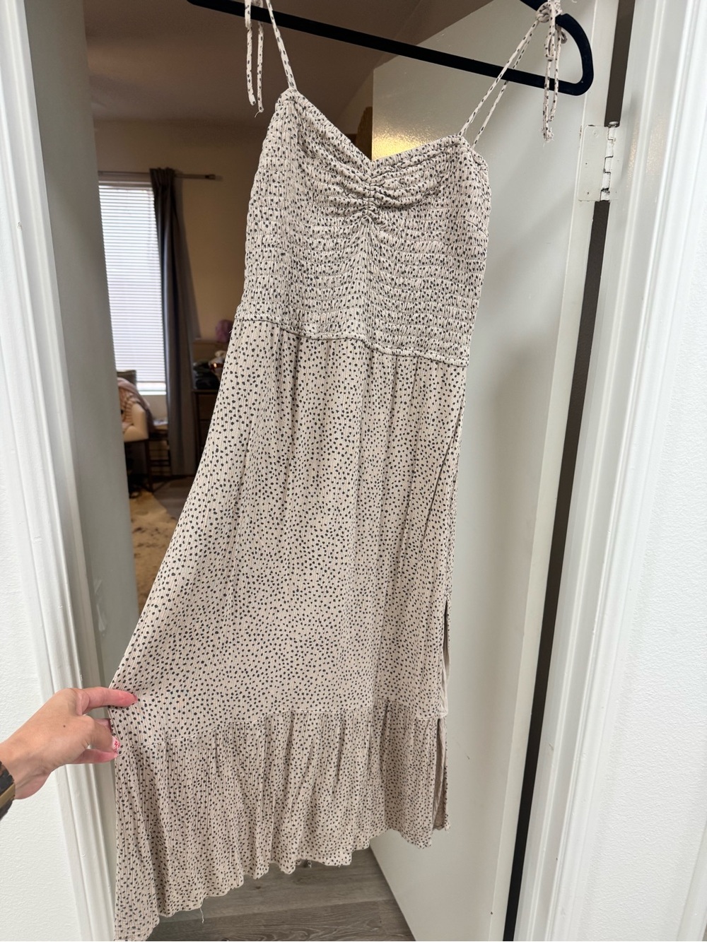 Abercrombie & Fitch Cream Taupe Spotted Tie-Shoulder Midi Dress